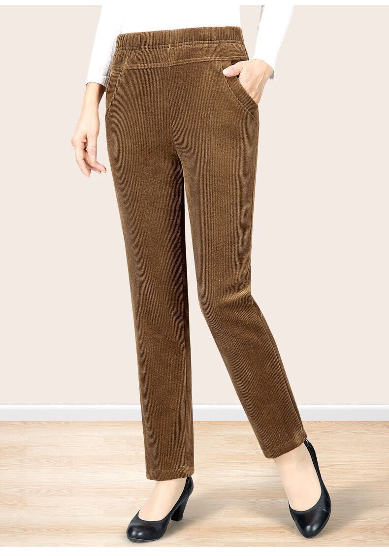 贤语灯芯绒裤子女秋冬高腰直筒女裤中老年妈妈休闲裤加绒加厚条绒长裤