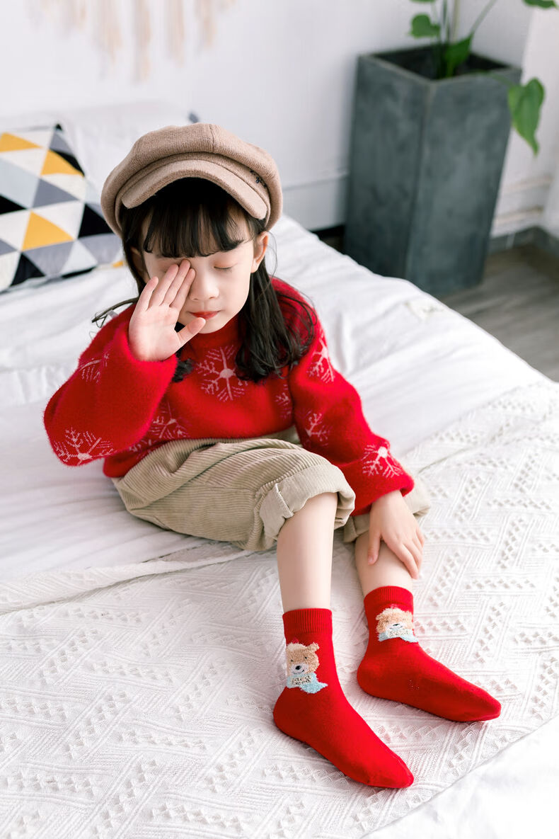 儿童红色袜子本命年男女孩棉袜不掉色春节新年福圣诞袜虎年红袜子新年