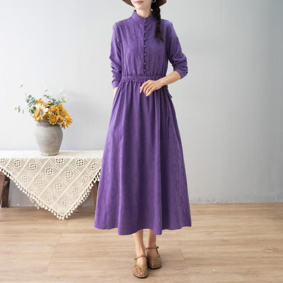 素订棉麻女装官方素素杭州秋季提花连衣裙女木耳边立领长袖高腰抽绳