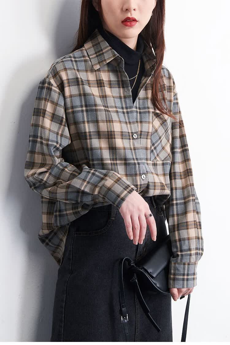 衬衣女设计感别致格子衬衣外搭开衫长袖上衣潮格子长袖衬衫s建议8095