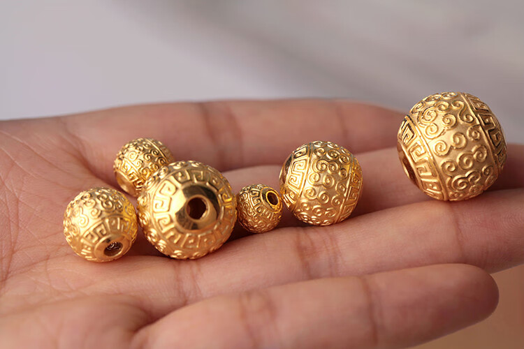 钰帛工坊黄金3d硬金圆珠复古云纹回纹8mm10mm祥云珠子金珠子105mm086g
