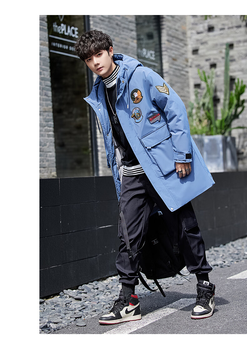 轻奢侈品牌廓形服男士中长款连帽显瘦白鸭绒工装年青少年冬季潮羽绒服