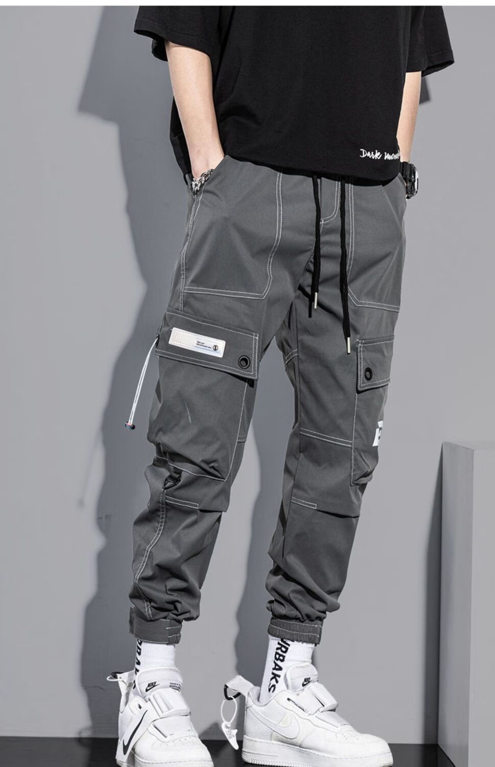 爱洛斯汀堡束脚工装裤男2021秋冬季港风潮牌宽松青少年运动耐磨哈伦