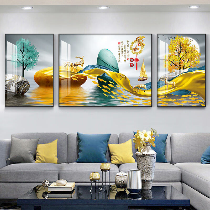米囹晶瓷画客厅装饰画现代简约沙发背景三联挂画镶钻家和壁画款式