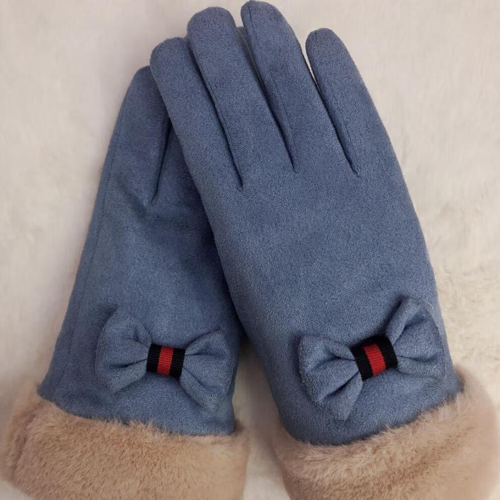 秋冬女士韩版蝴蝶结可爱防寒珊瑚绒手套双层加厚加绒触屏保暖手 