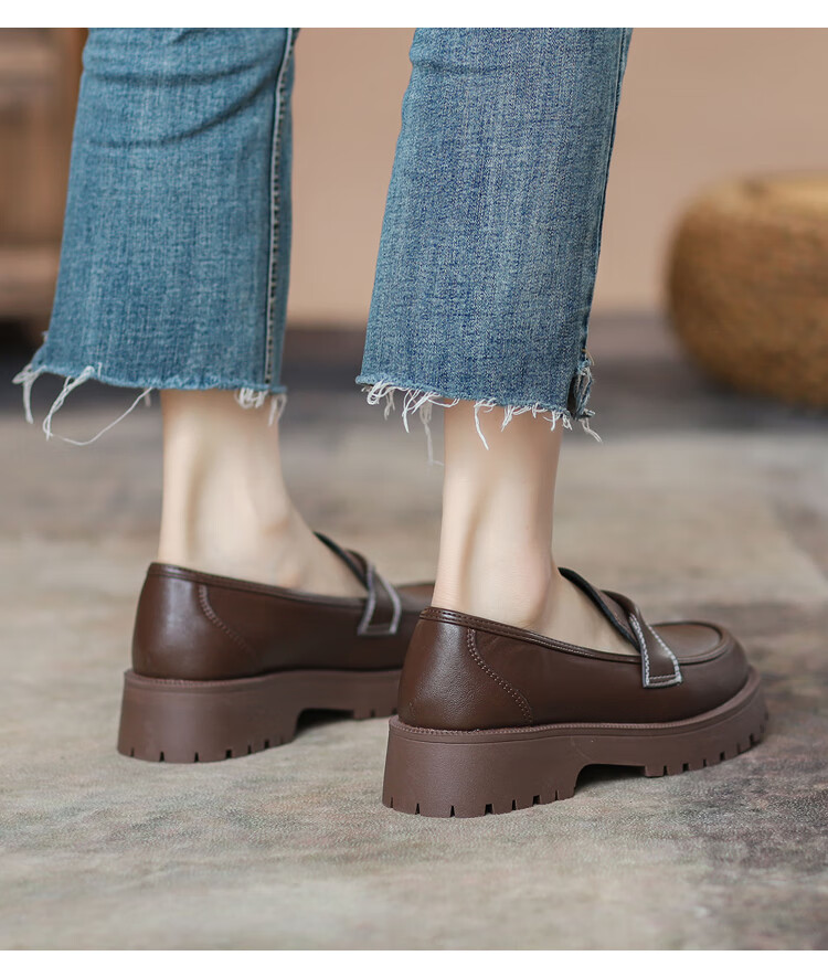 尊士烟斗时尚女鞋春季厚底乐福鞋女英伦风2022新款棕色低帮套脚小皮鞋