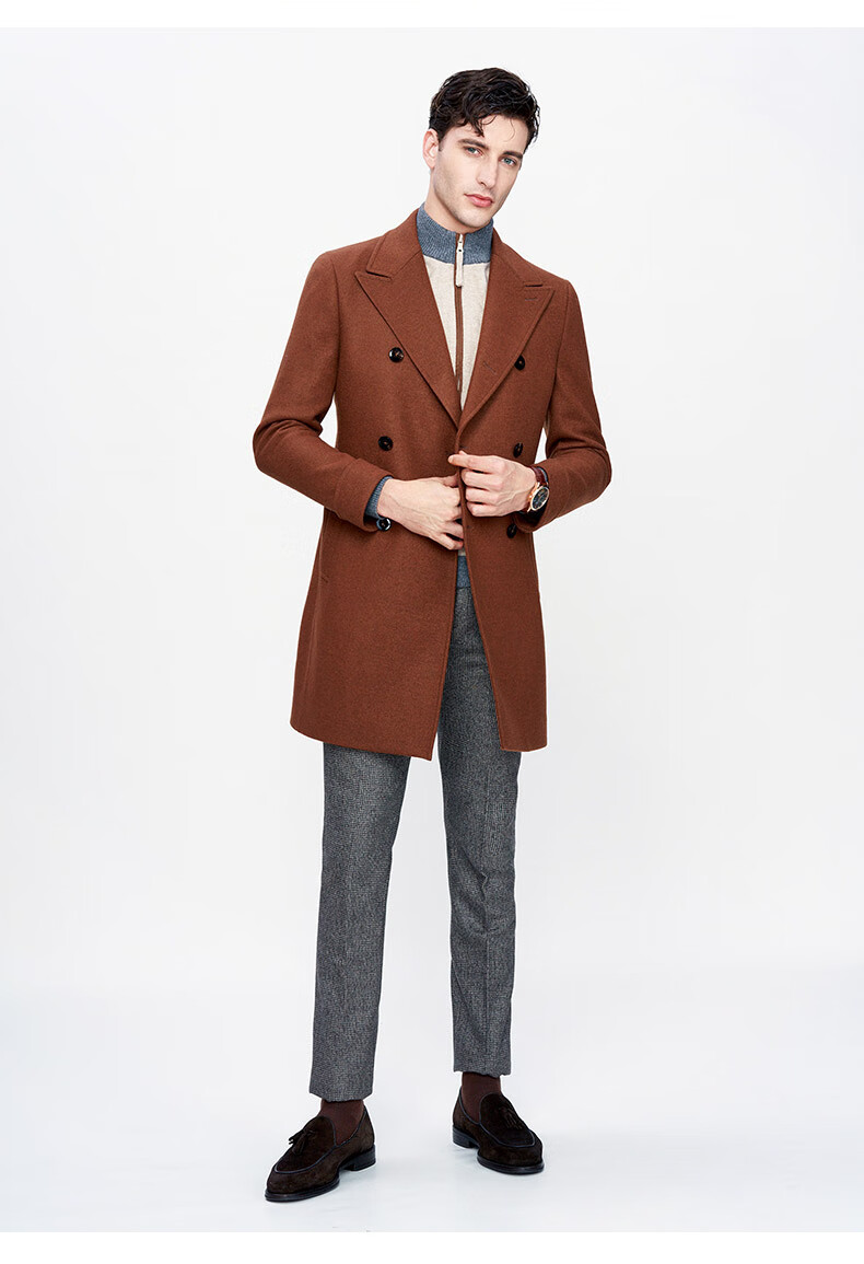 jodoll乔顿羊毛大衣男士冬季毛呢外套深咖色双排扣中长款大衣棕褐色48