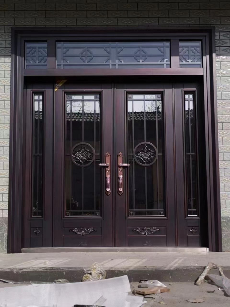 别墅大门双开门进户门防盗门仿铜门农村入户门豪华玻璃大门中式门