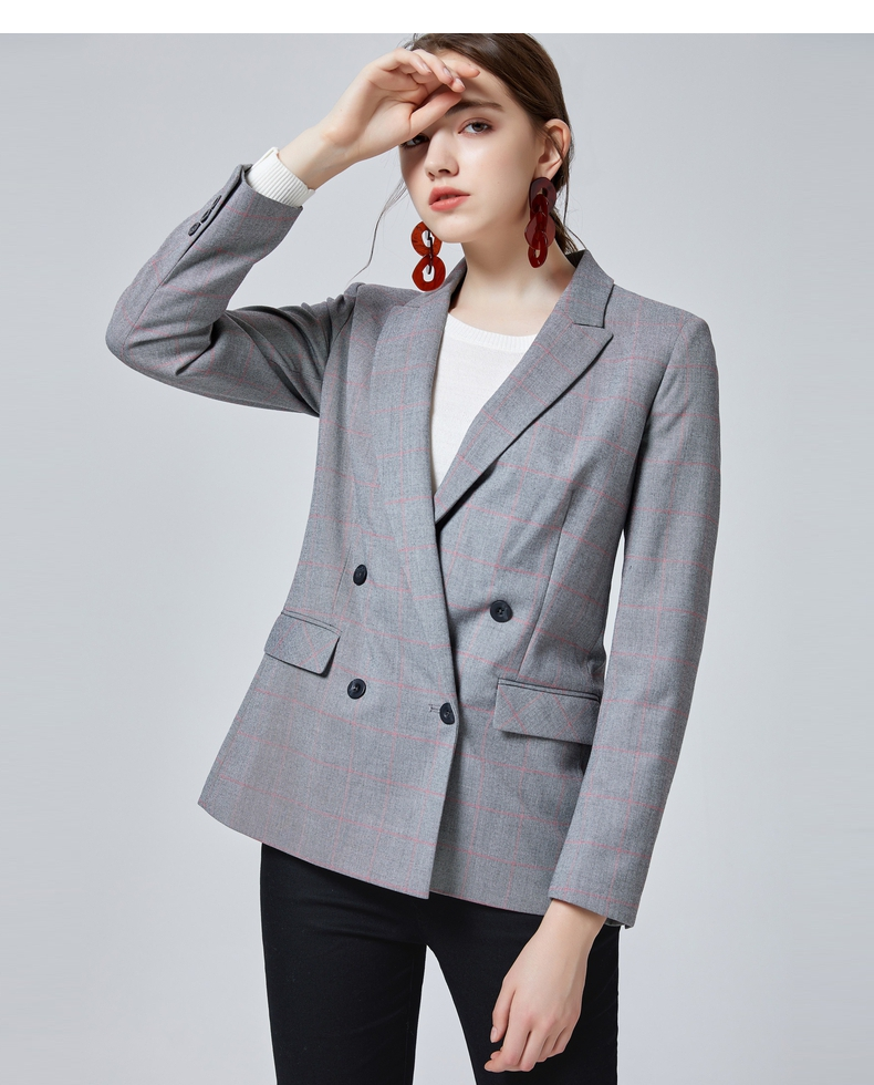 g2000女装新款商务宽松长袖双排扣职场休闲通勤灰色格纹小西装