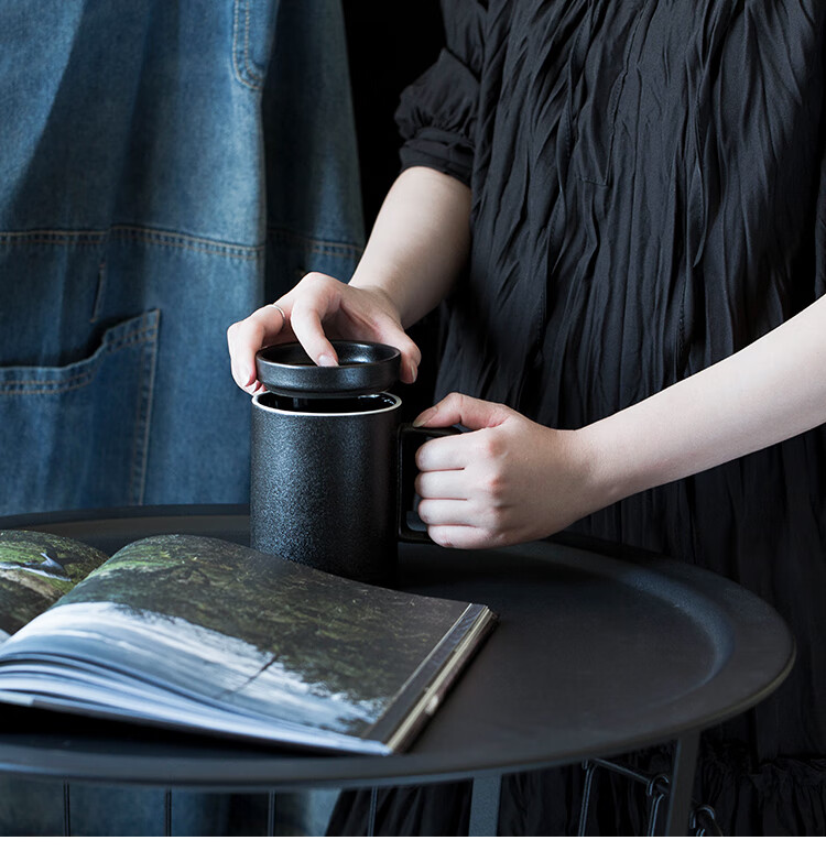 特百惠(tupperware) 同款西比尔磨砂黑马克杯男带盖大容量陶瓷杯子