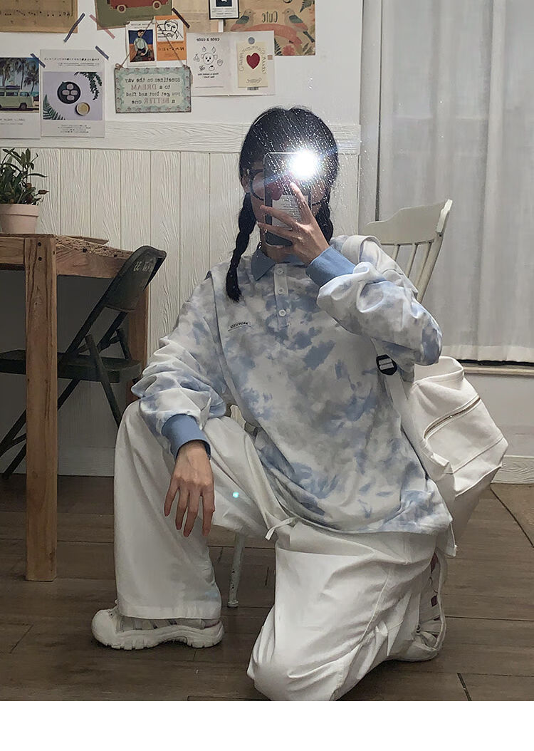 韩版宽松扎染polo领长袖卫衣 休闲阔腿裤两件套女 短袖t恤【单件】 xs
