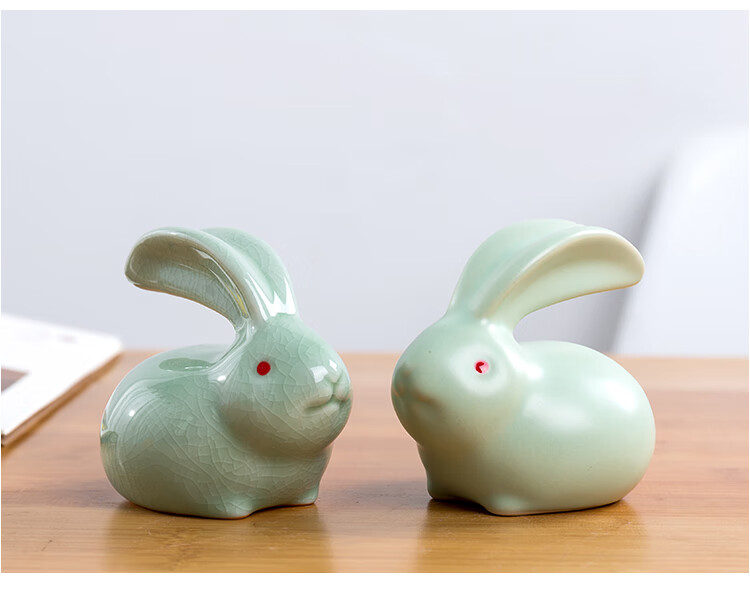 可爱小兔子摆件创意家居办公室桌面装饰品动物陶瓷玉兔工艺品摆设青瓷