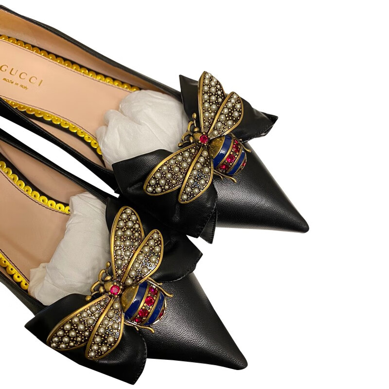 全新gucci玛格丽特珍珠小蜜蜂平底鞋黑色全皮ai524633现货礼物黑色系