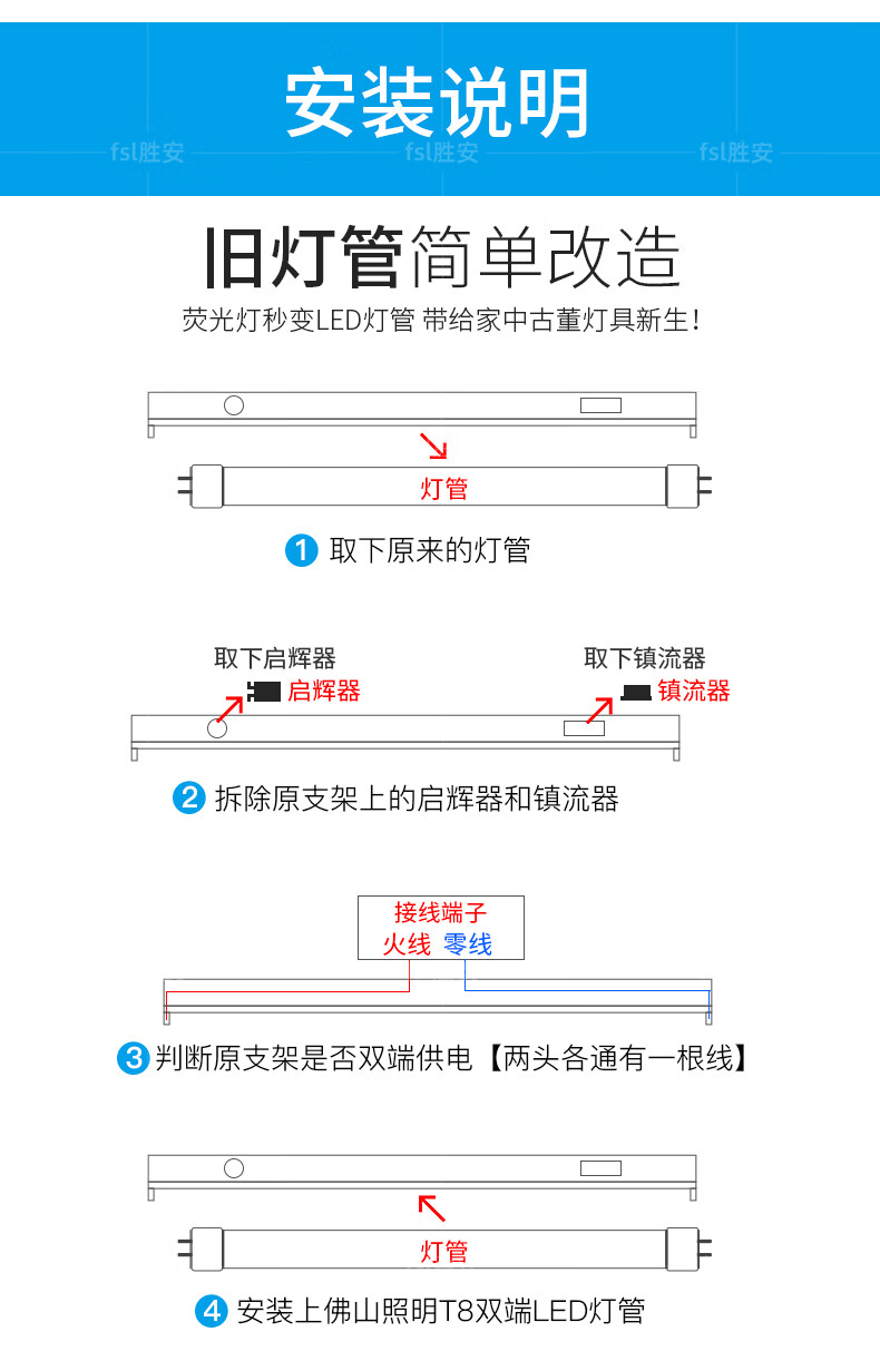 2米长条日光灯超亮节能灯光管 【5支装】t8灯管 1.