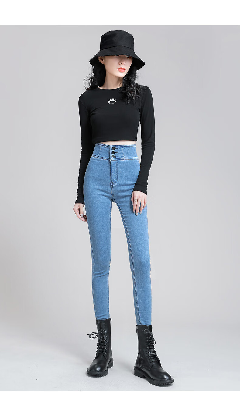 拓涩tuose高腰牛仔裤女香港潮牌秋冬新款加绒小脚提臀百搭性感显高