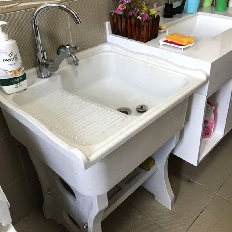 洗衣池阳台家用洗衣台带搓板大理石洗衣池一体成型水池水槽 长60宽55