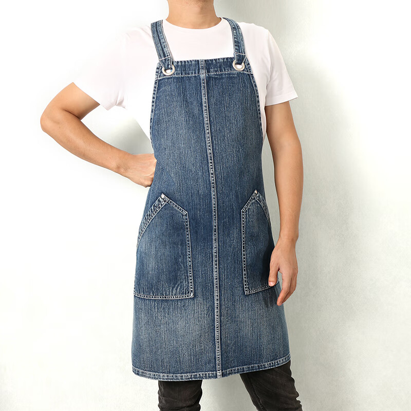 牛仔围裙厨房双肩出口简约舒适双肩背水洗牛仔围裙家用厨房工作咖啡