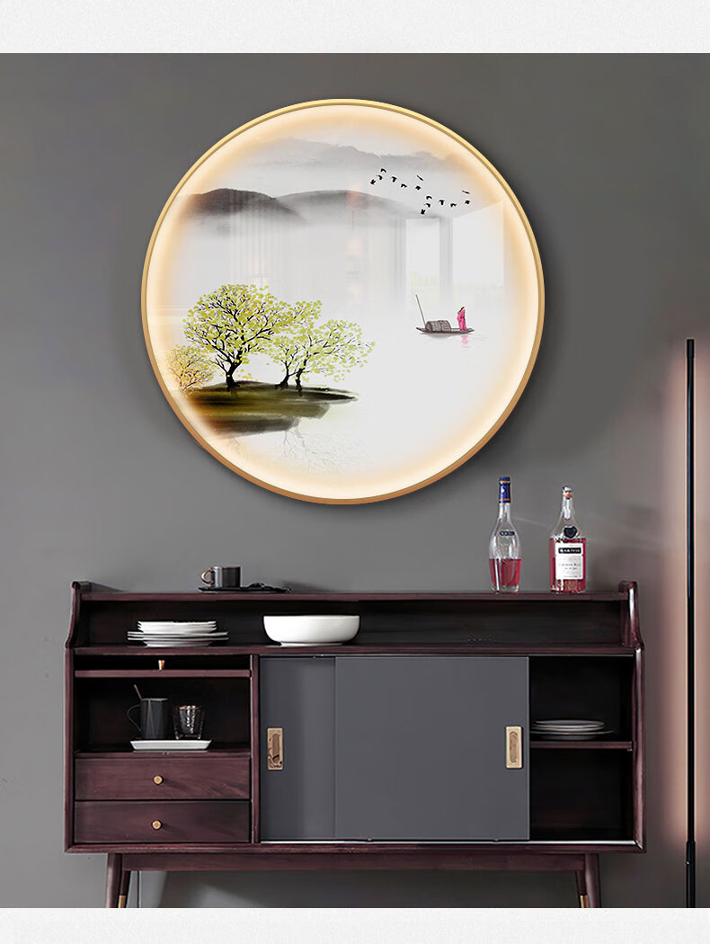 左余入户玄关装饰画圆形带灯画新中式山水画过道走廊壁画进门发光挂画