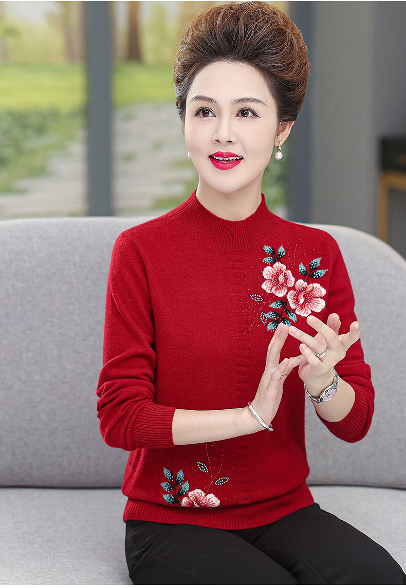 妈妈秋冬羊毛衫女打底花红毛衣半高领中老年人太太针织100纯羊毛上衣t