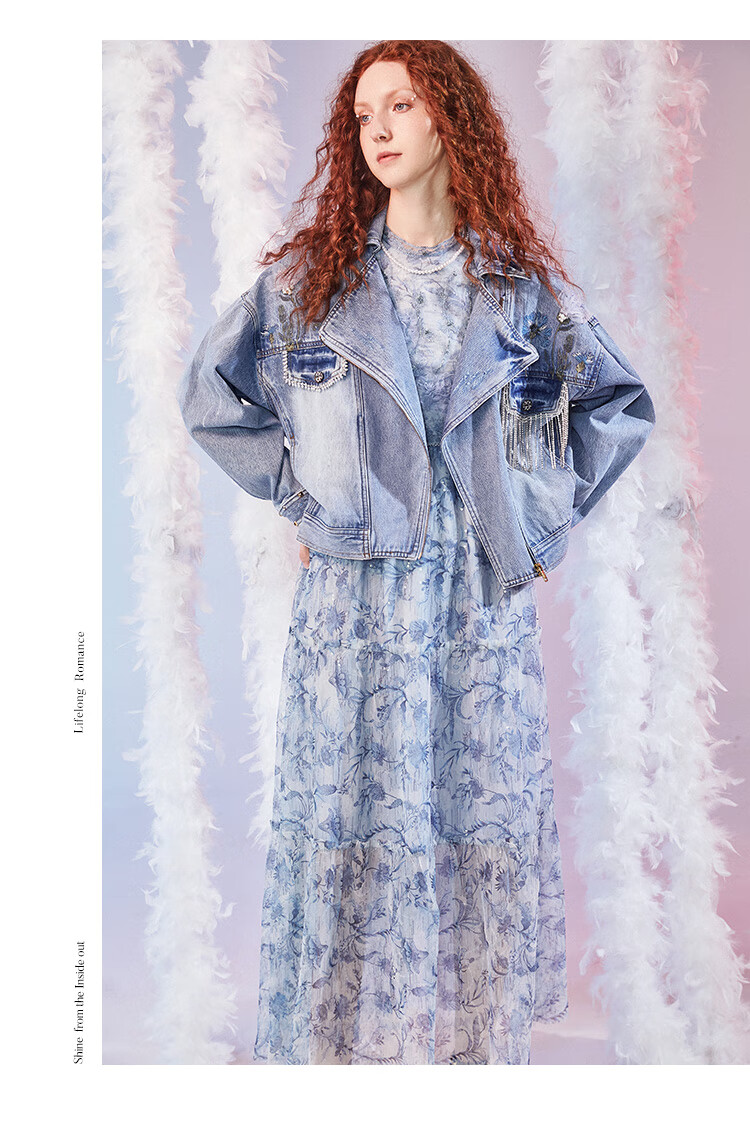 莲灿2021春新浪漫手工刺绣铆钉流苏链条翻领短牛仔外套女 牛仔蓝 l