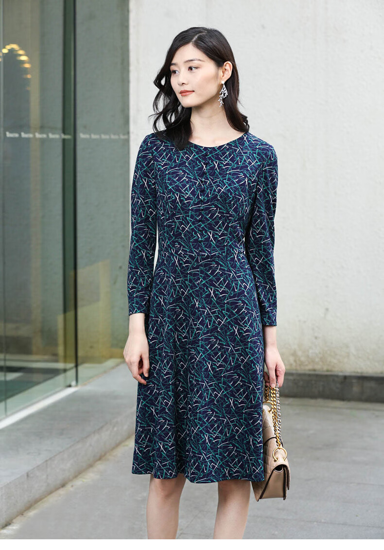 jananno简爱诺秋新款气质艺术印花包边圆领收腰连衣裙j960061lq花色