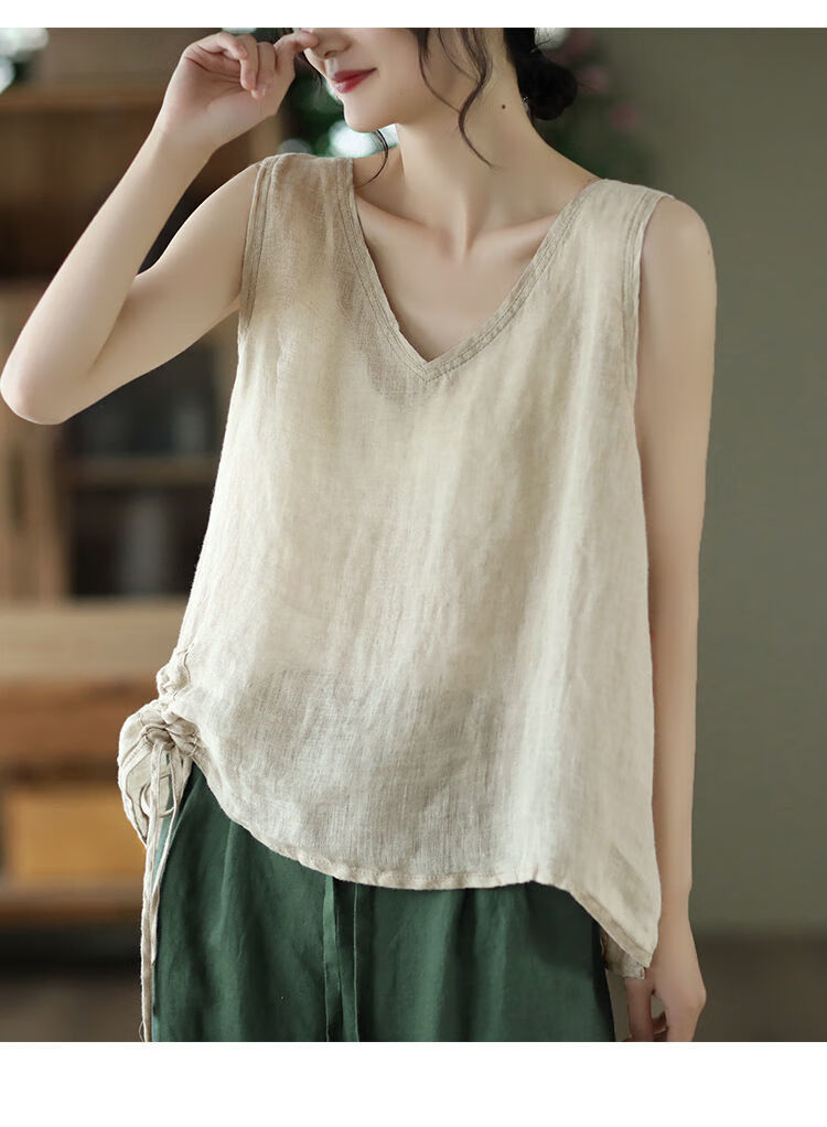 吊带背心打底薄款仿棉麻新款复古小背心宽松领抽绳无袖上衣气质外穿内