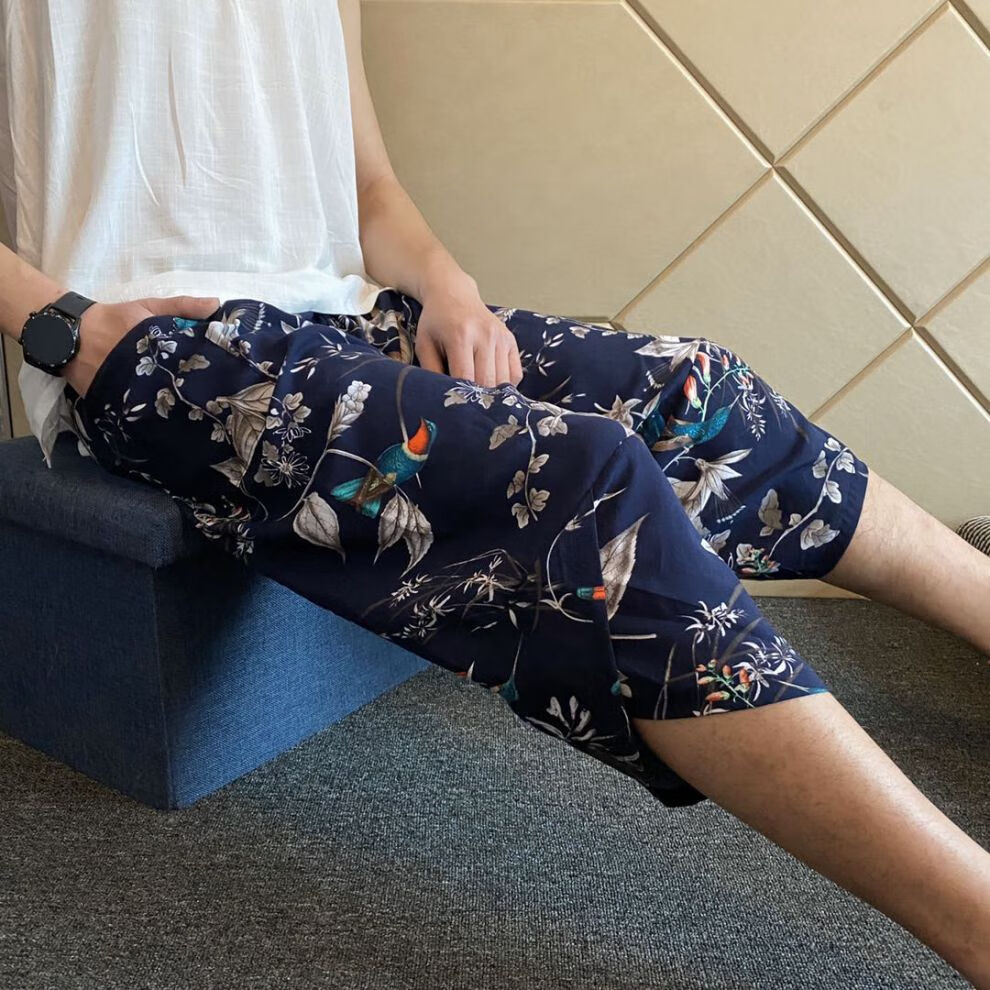 男士睡衣夏天睡裤男春夏季男士棉绸裤七分家居裤中裤人造棉睡裤休闲裤