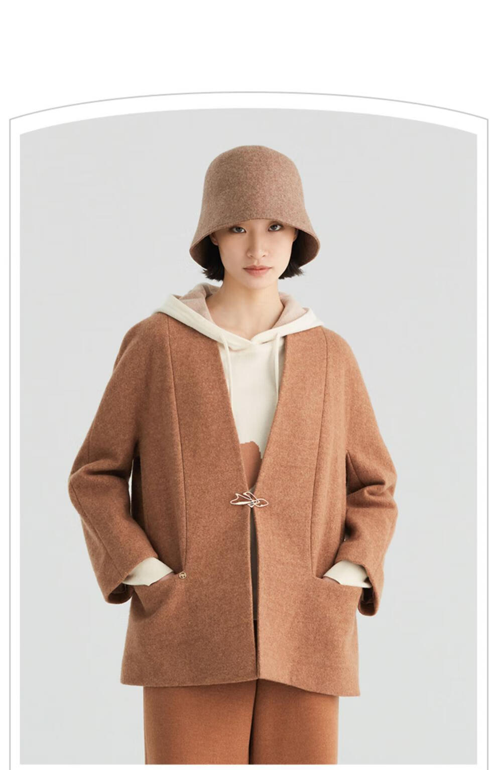 eachway艺之卉2021秋冬新品暖调焦糖色精纺羊毛呢简约无领外套大衣26