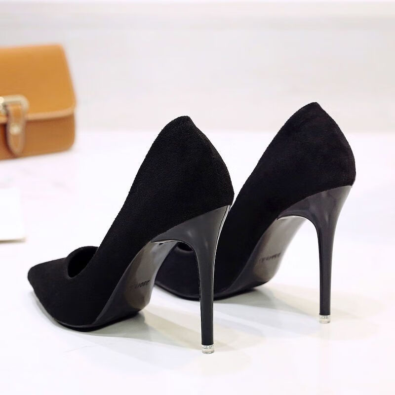 情趣高跟鞋软面高跟鞋绒面百搭单鞋细跟职业女鞋通勤工作鞋黑色磨砂