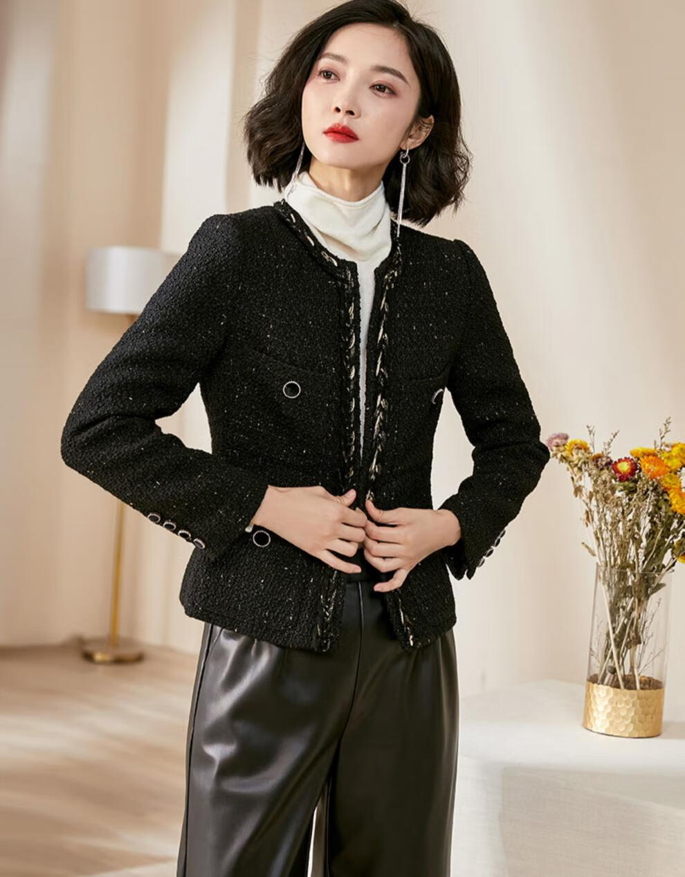 米思阳2020冬装新款气质名媛拼接金线编织小香风羊毛短外套女9302