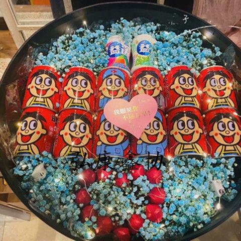 抖音网红创意礼物送男士女友旺仔鲜花礼盒玫瑰花成品6小罐旺仔8朵香槟