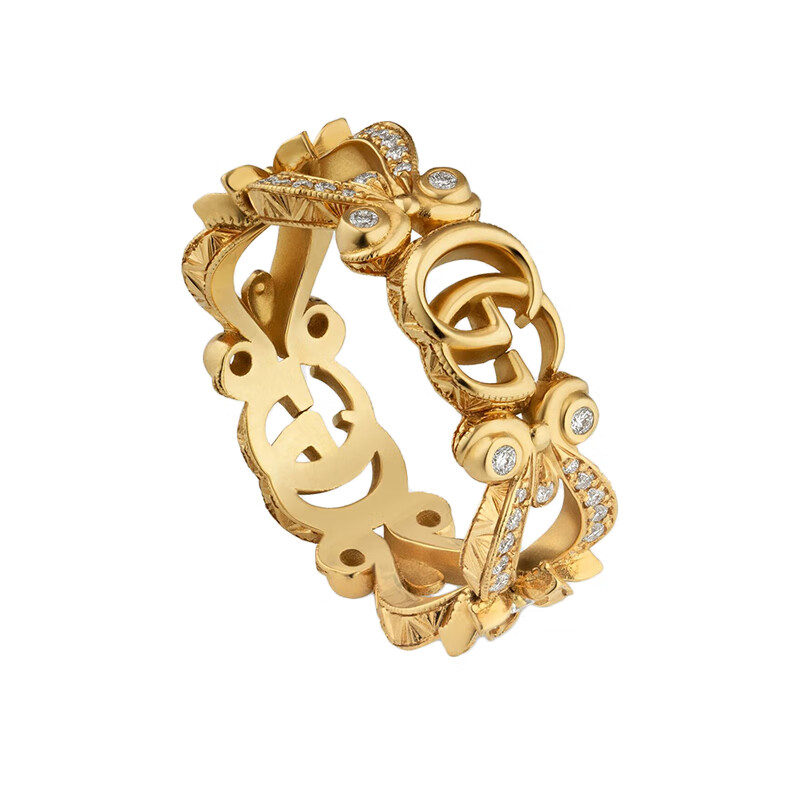 gucci古驰gucciflora双g和花朵细节镶有钻石18k金黄金戒指金色14号