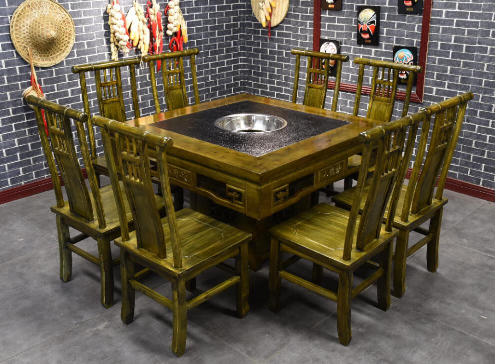 锦思玥 大理石实木火锅桌椅组合火锅店餐桌椅火锅桌电磁炉一体定制