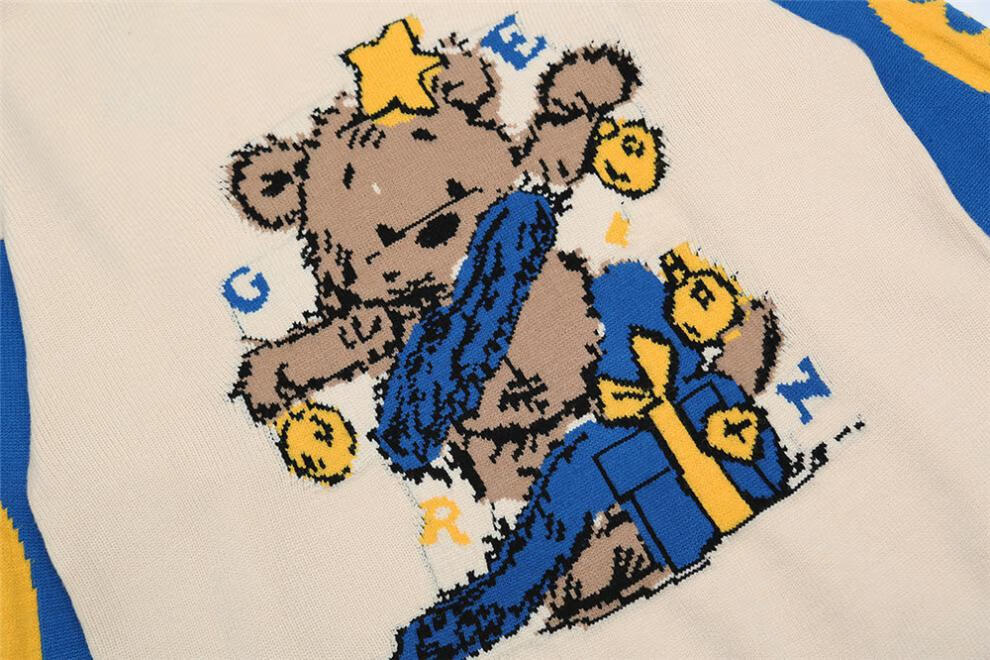 潮牌黑色官方潮牌青年潮流小熊提花针织衫男式欧美拼色圆领毛衣bf慵懒