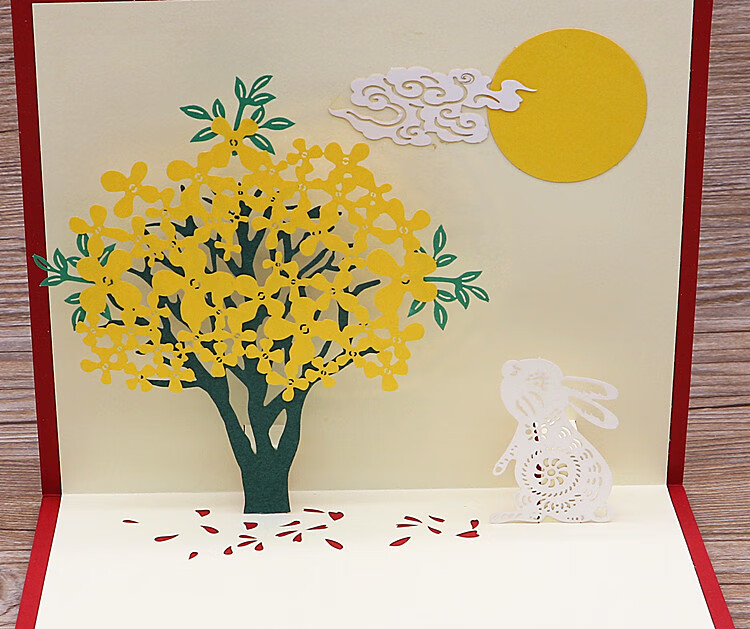 中秋节贺卡新款月兔创意立体纸雕祝福感谢小贺卡片商务定制 嫦娥奔月