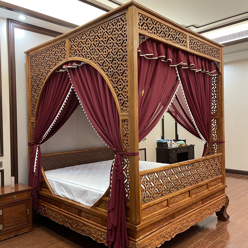 中式仿明清月洞拔步架子床仿酒红色柔肤纱花边装饰防蚊床幔 酒红色