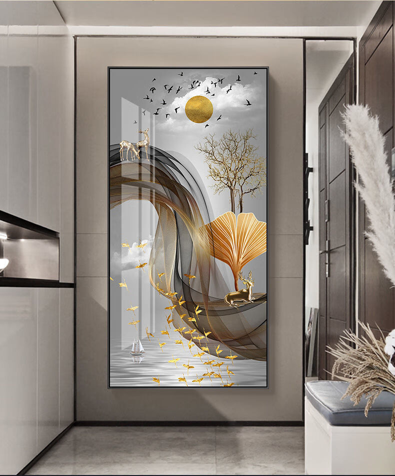玄关装饰画入户门竖版过道走廊壁画北欧客厅现代简约福鹿挂画墙壁挂饰