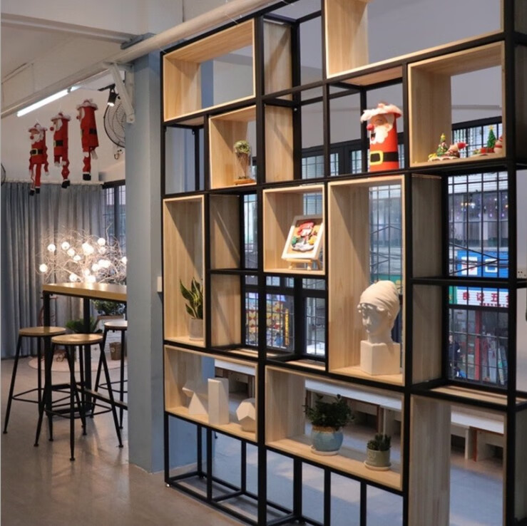 确不凡美式铁艺落地屏风隔断客厅架子实木书架现代简约展示架隔板