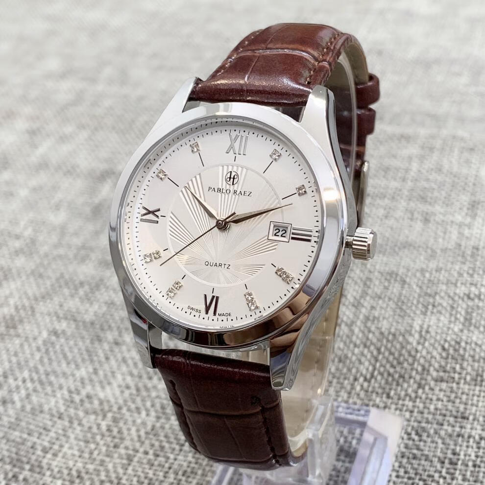 2022年新款pabloraez棕色男士气质皮带腕表白面日历商务表全自动机械