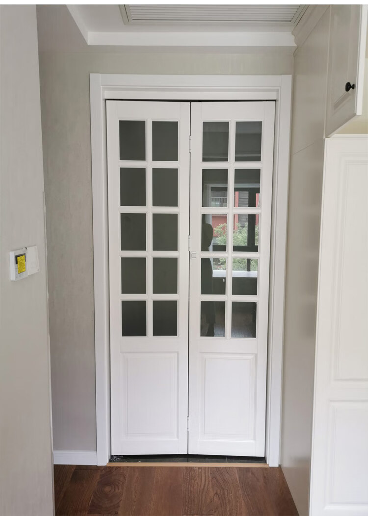 折叠门实木隐形推拉门美式玻璃格子厨房玻璃门隔断门白色实木简约款