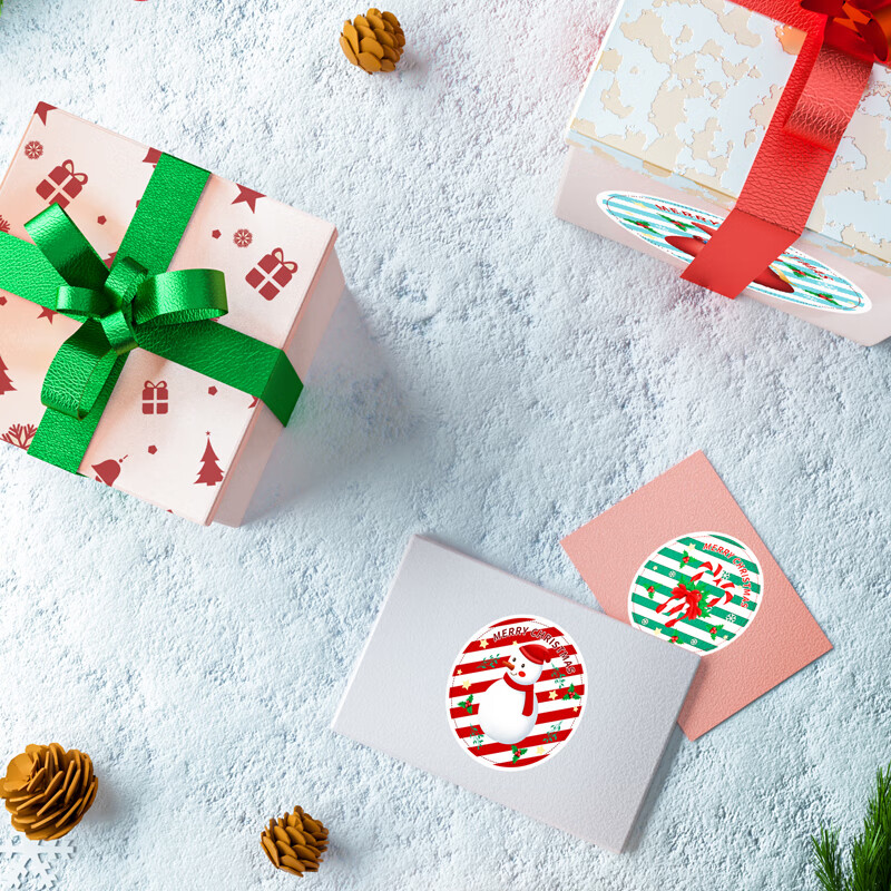 可爱圣诞节快乐贴纸礼物封口贴圣诞树图案礼盒密封贴不干胶标签绿色
