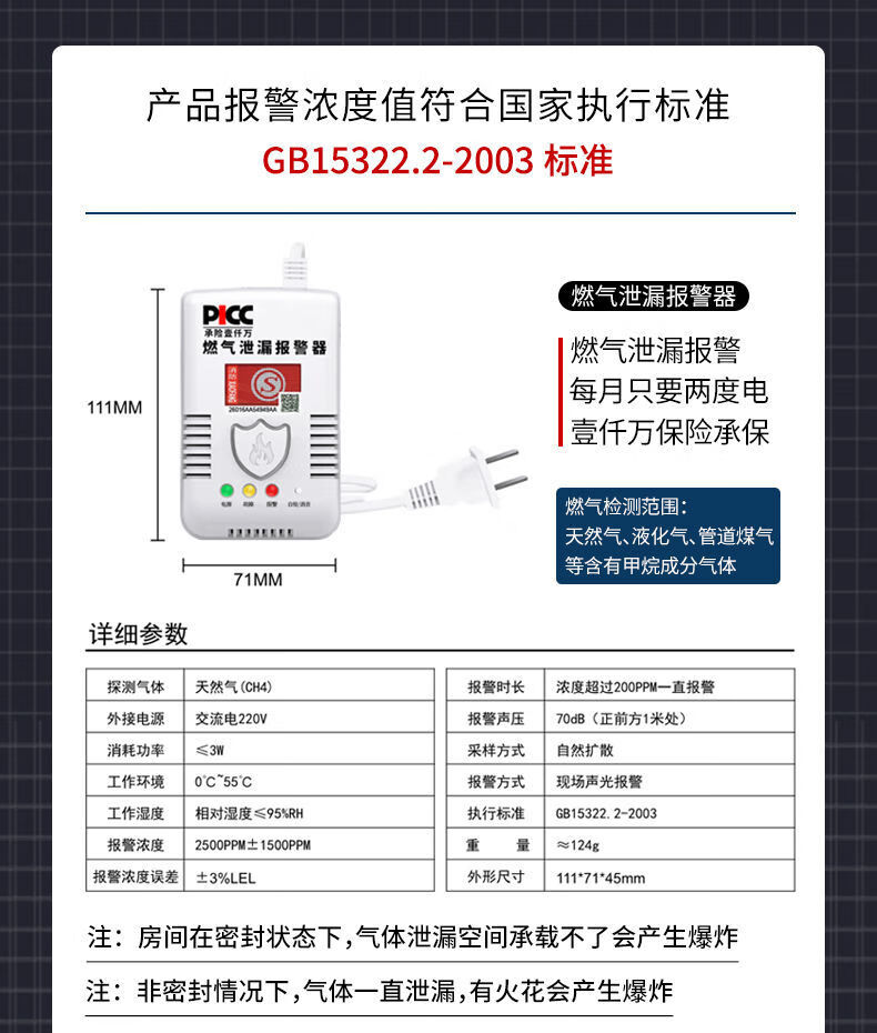 燃气报警器家用消防认证天然气液化气煤气泄漏厨房可燃气体探测器