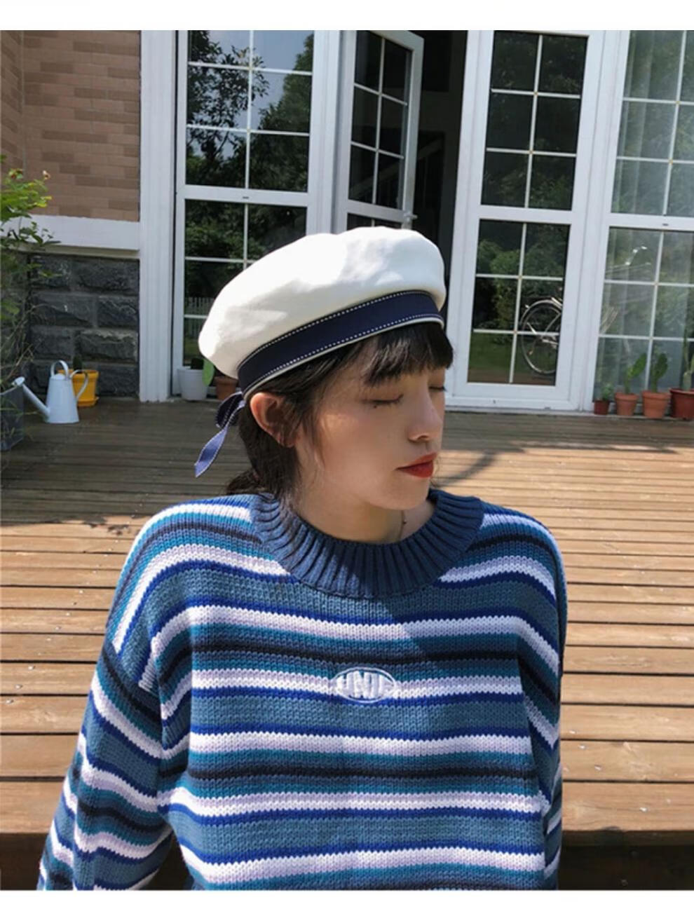 bifity 新品 白色平顶帽子贝雷帽女春夏日系帽复古水手帽潮ins网红款