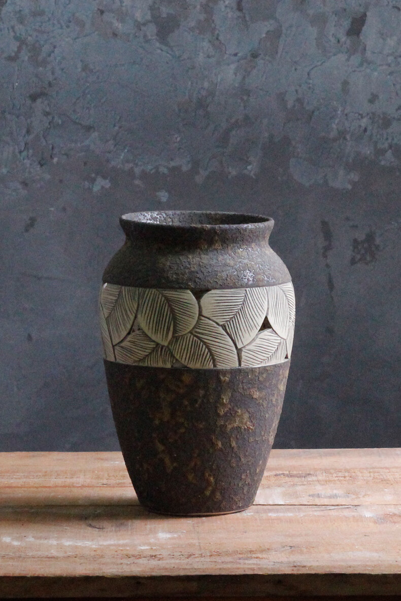 骄意手工田园陶艺粗陶花器干花插花摆件禅意茶室花瓶陶瓷花盆陶泥陶罐