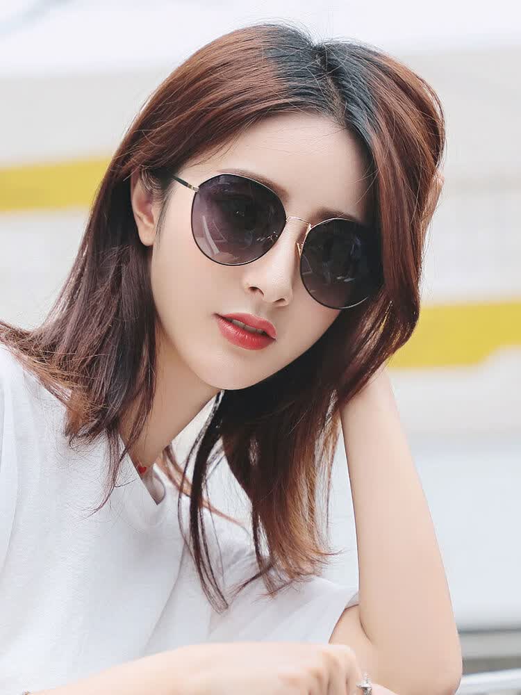 高清偏光太阳镜女网红圆脸大脸遮阳防晒墨镜旅游休闲镜黑金框渐变灰