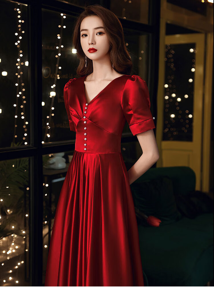 存依阁缎面敬酒服酒红色新娘结婚回门夏季平时可穿大码订婚答谢宴礼服