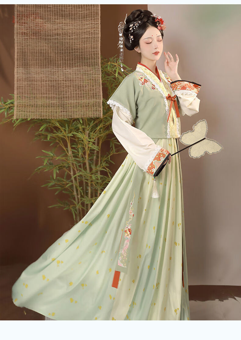 兔系 远山娥黛古装汉服女日常唐制唐褙子半袖印花齐腰襦裙子女2021