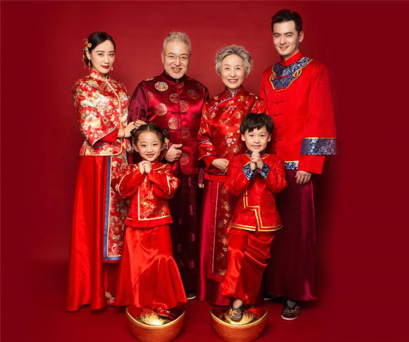 影楼六口拍照服装亲子主题红色喜庆唐古装写真服饰 1号全家福六口服装