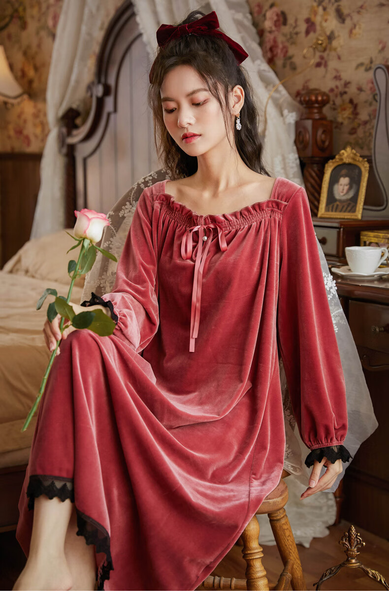 kj长袖加绒睡裙女冬宫廷风高贵金丝绒保暖睡衣可外穿宽松长裙家居服