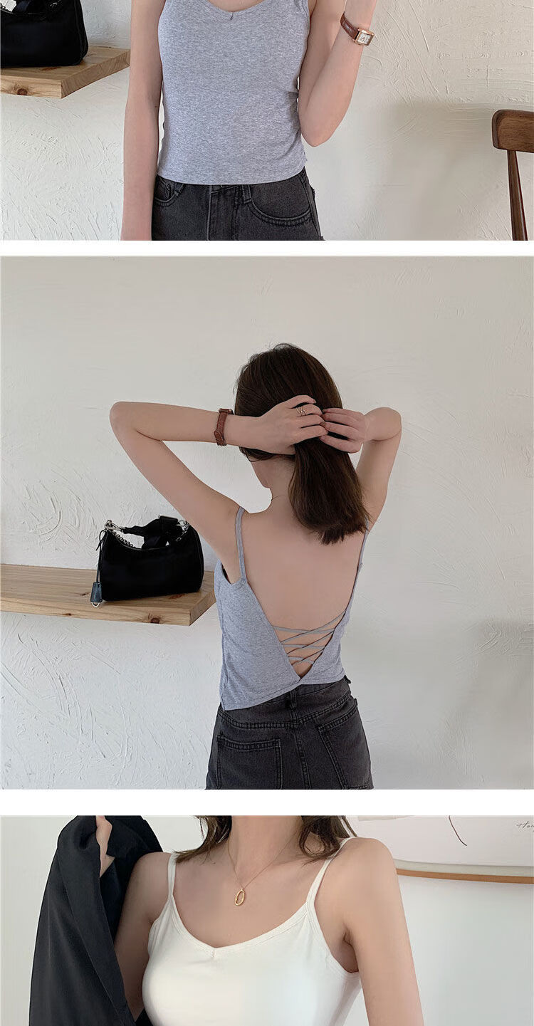 夏季性感美背吊带背心女带胸垫交叉背打底上衣外穿白搭白色均码